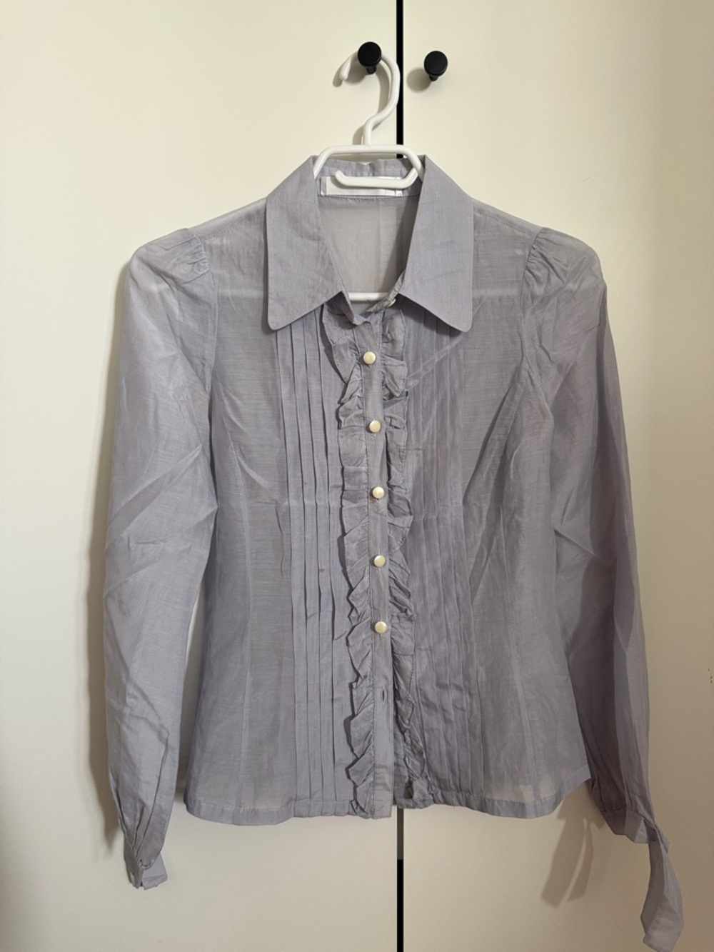 Light Gray Ruffle Front Button-Up Blouse